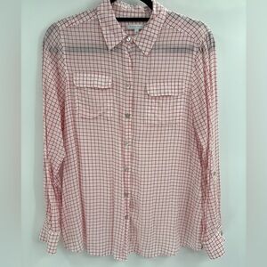 Foxcroft Women’s Blouse White Red Tencel Rolled Sleeve Gingham Button Up Size 10